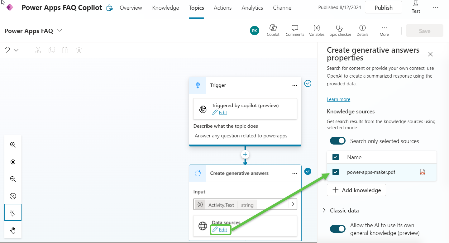 Power Apps FAQ Copilot built using Azure AI Search and Azure Open AI